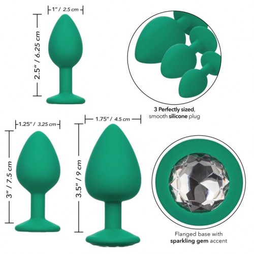 Набор из трёх зеленых анальных пробок с кристаллом Cheeky Gems